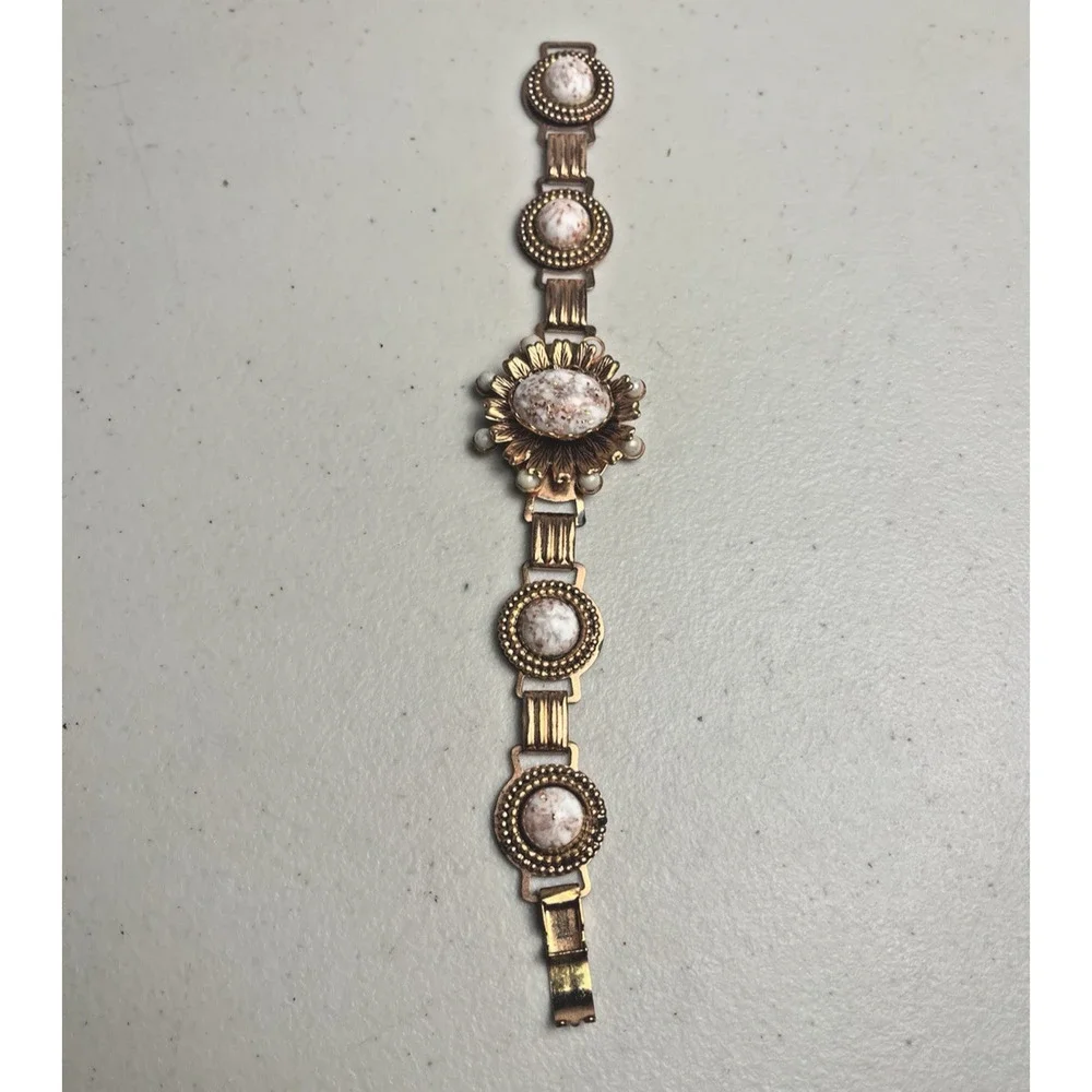 Old Vintage Bracelet Lot Copper Metal Links Mottled Flowers Tubogas Cabachon